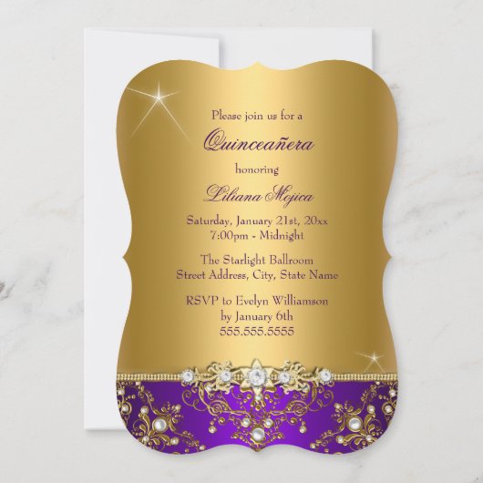 Invitation Elegant Pearl Damask Violet Quinceanera (Dos)