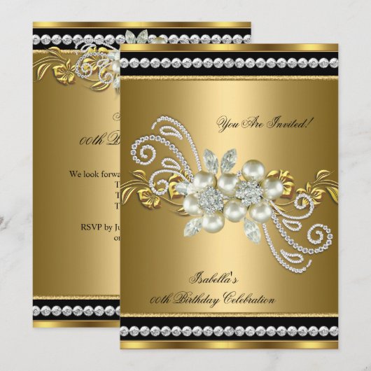 Invitation Elégant Pearl Gold Diamond Argent Anniversaire Par (Devant / Derrière)