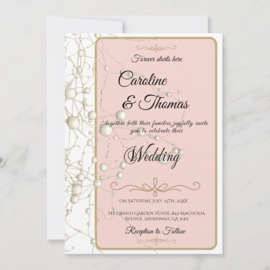 Invitation Elégant Pearl Gold Script Mariage Perles romantiqu (Devant)