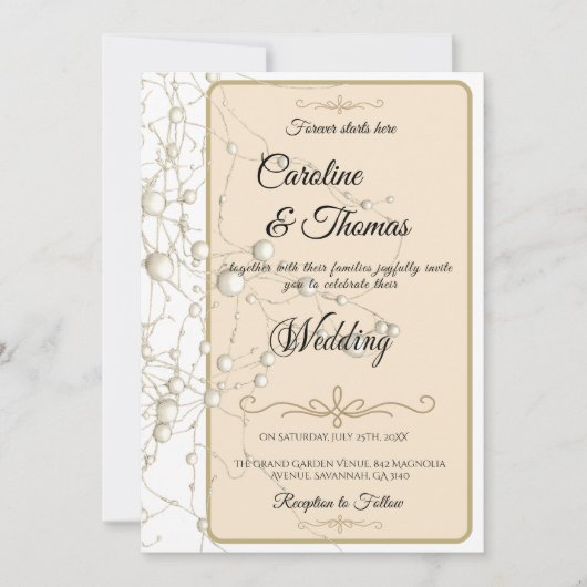 Invitation Elégant Pearl Gold Script Mariage Perles romantiqu (Devant)