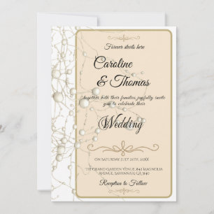 Invitation Elégant Pearl Gold Script Mariage Perles romantiqu