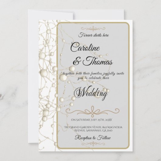Invitation Elégant Pearl Gold Script Mariage Perles romantiqu (Devant)