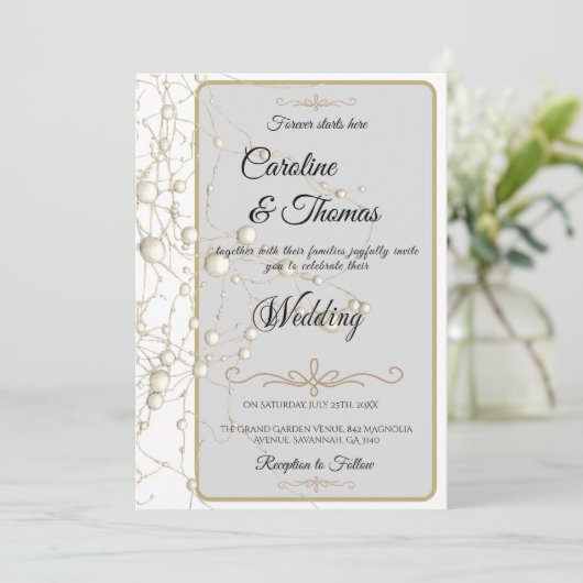 Invitation Elégant Pearl Gold Script Mariage Perles romantiqu (Debout devant)