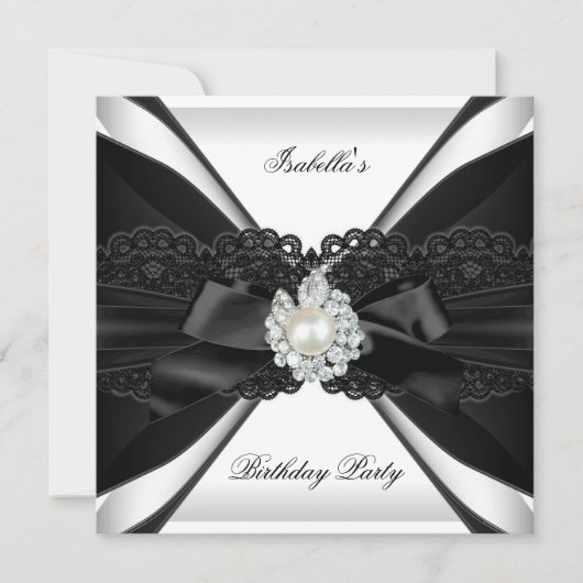 Invitation Elegant Pearl Jewel noir blanc fête d'anniversaire (Devant)
