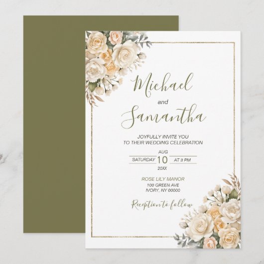 Invitation Elegant Pearl White et ivoire Rose Mariage (Devant / Derrière)