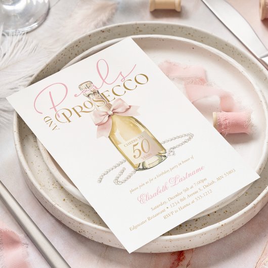 Invitation Elegant Pearls & Prosecco Pink Bow 50th Birthday