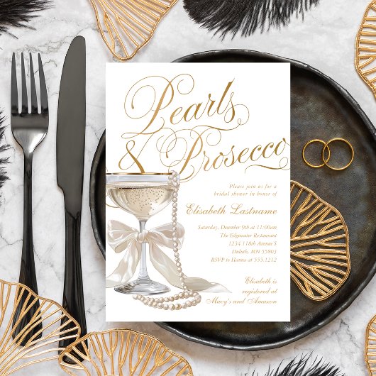 Invitation Elegant Pearls & Prosecco White Bow Bridal Shower 