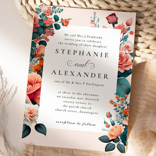 Invitation Elégant Pêche et Turquoise Floral Mariage