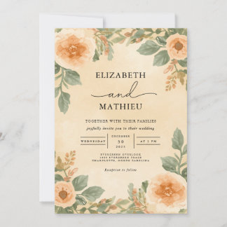 Invitation Elégant Pêche Floral Vintage Mariage
