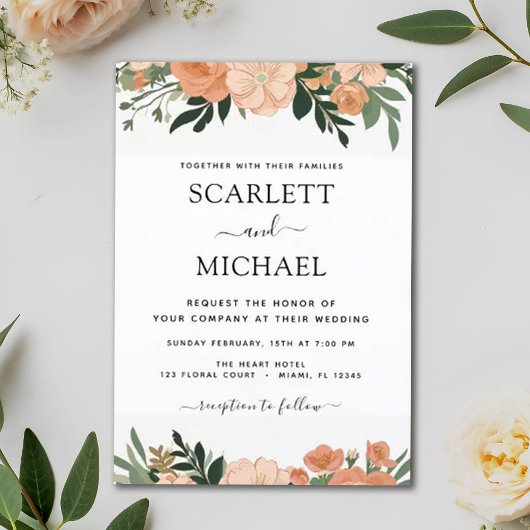 Invitation Élégant Pêche Florale Mariage d'été
