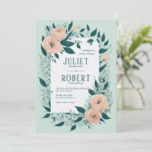 Invitation Elégant Pêche Turquoise feuille florale Mariage en (Debout devant)