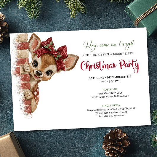 Invitation Elegant Peeking Reindeer Funny Cartoon Holiday
