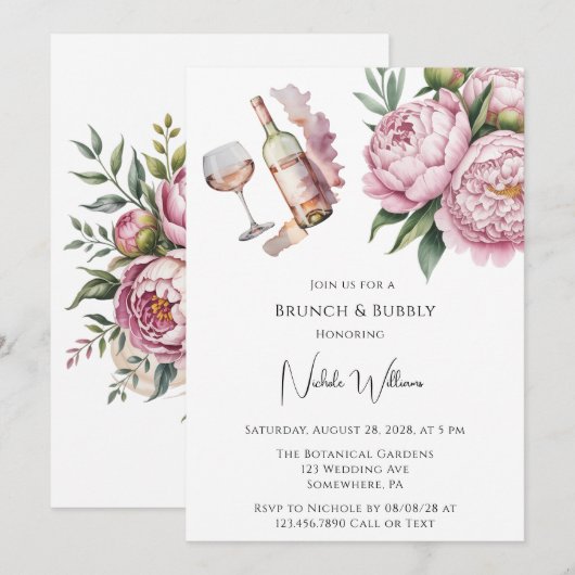 Invitation Elegant Peony Brunch Floral & Bubbly (Devant / Derrière)