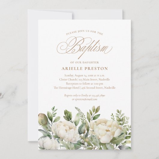Invitation Élégant Peony Floral Script Baptême (Devant)