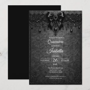 Invitation Élégant perles de noeud noir pour Quinceañera