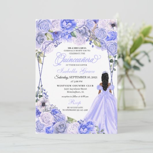 Invitation Élégant Pervent bleu Quinceanera Floral (Debout devant)