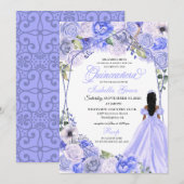 Invitation Élégant Pervent bleu Quinceanera Floral (Devant / Derrière)