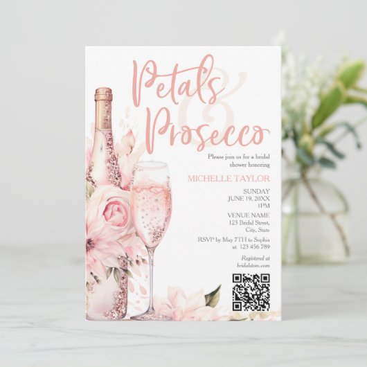 Invitation Élégant Petals & Prosecco Boho Blush Pink QR Code (Debout devant)