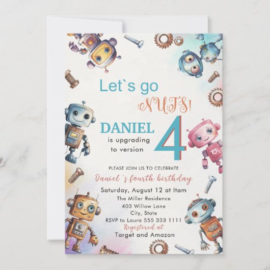 Invitation Elégant Petit Robot Aquarelle Baby Birthday Park (Devant)