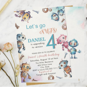 Invitation Elégant Petit Robot Aquarelle Baby Birthday Park
