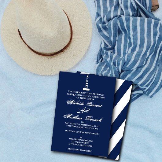 Invitation Elégant phare Mariage nautique - bleu marine,