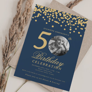 Invitation Elegant Photo 50e Anniversaire Confettis Dorés Ble