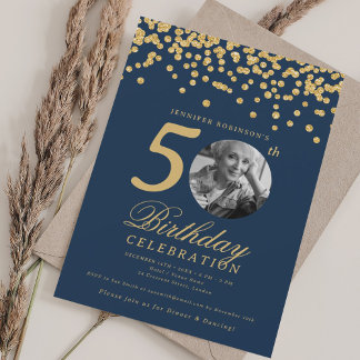 Invitation Elegant Photo 50e Anniversaire Confettis Dorés Ble