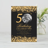 Invitation Elegant Photo 50th Birthday Party Gold Lights (Debout devant)