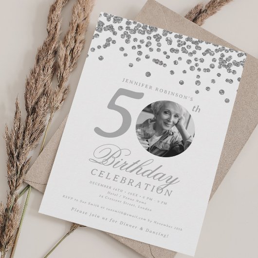 Invitation Elegant Photo 50th Birthday Silver Confetti