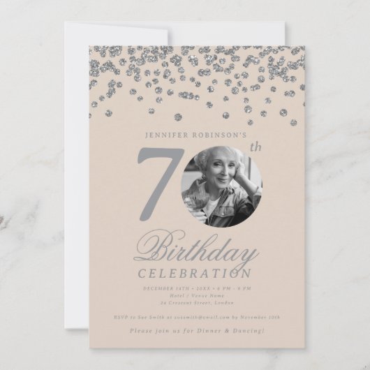 Invitation Elegant Photo 70th Birthday Silver Champagne (Devant)