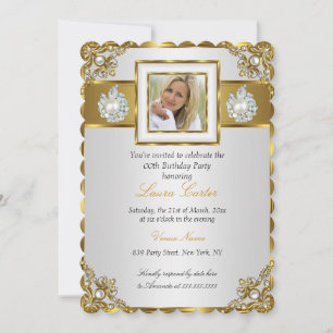 Invitation Élégant Photo Anniversaire Damas Perle Or Blanc