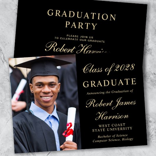 Invitation Elégant Photo College Black Graduation Party