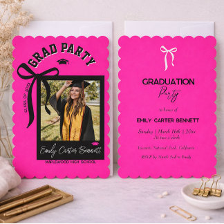 Invitation Elegant Photo Coquette Black Pink Bow Graduation 