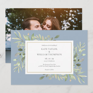 Invitation Élégant Photo de mariage avec verdure bleu poussié