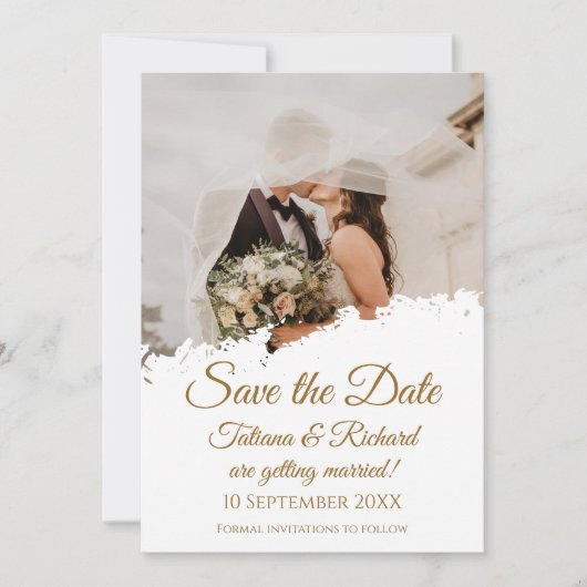 Invitation Elégant Photo & Gold Script Enregistrer le Mariage (Devant)