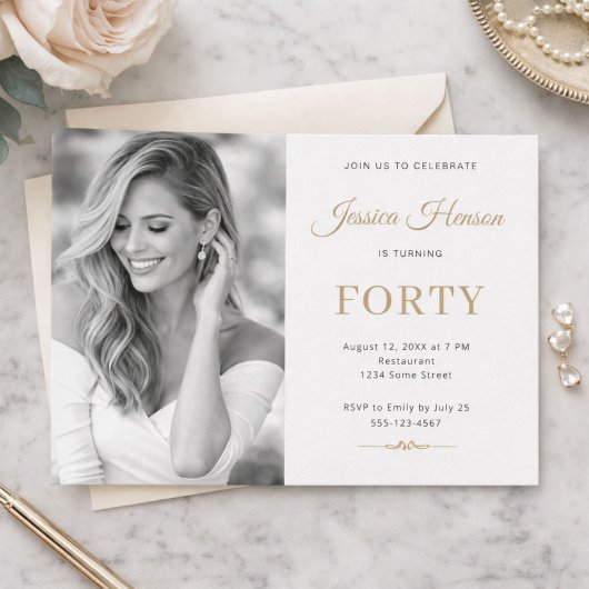 Invitation Elegant Photo Gold Script Minimal 40th Birthday