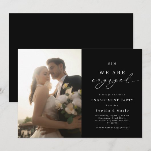 Invitation Elegant Photo & Monogram Black Engagement Party (Devant / Derrière)