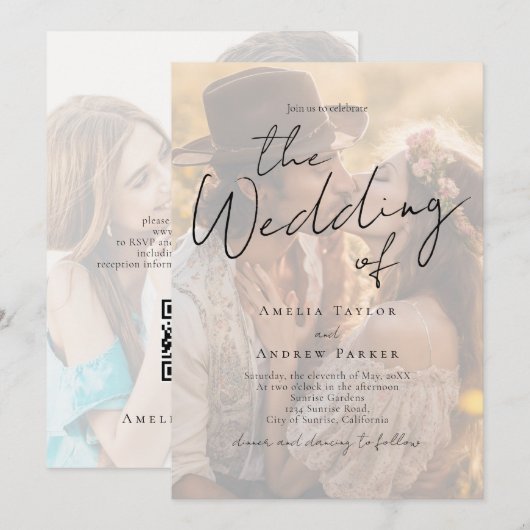 Invitation Elegant Photo Script Calligraphy QR Code Wedding (Devant / Derrière)