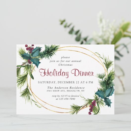 Invitation Élégant Pine Holly Berry Noël Dîner de Noël (Debout devant)