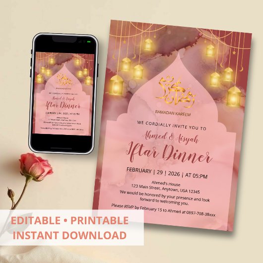Invitation Elegant Pink and Maroon gold Ink Iftar