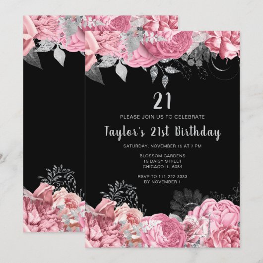 Invitation Elegant Pink and Silver Flowers Birthday Party (Devant / Derrière)