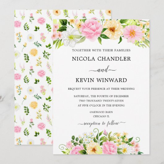 Invitation Elegant Pink and Yellow Floral Wedding (Devant / Derrière)