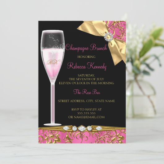Invitation Elégant Pink Black Gold Damask Champagne Brunch (Debout devant)