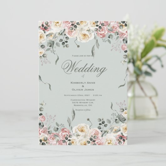 Invitation Elegant Pink Bliush Ivory Floral Wedding (Debout devant)