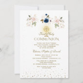 Invitation Elegant Pink Blue Floral Triplets Holy Communion (Devant)