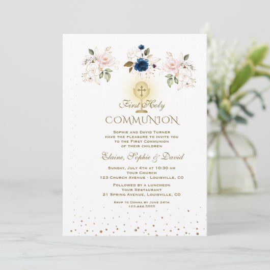 Invitation Elegant Pink Blue Floral Triplets Holy Communion (Debout devant)