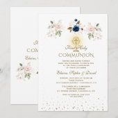 Invitation Elegant Pink Blue Floral Triplets Holy Communion (Devant / Derrière)