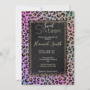 Invitation Elegant Pink Blue Gold Glitter Black Leopard