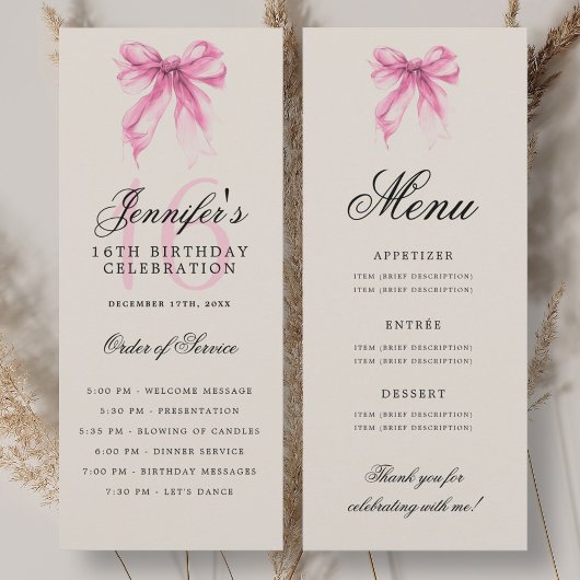 Invitation Elegant Pink Bow 16th Birthday Party Program Menu