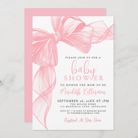 Invitation Elegant Pink Bow Baby Shower (Devant / Derrière)